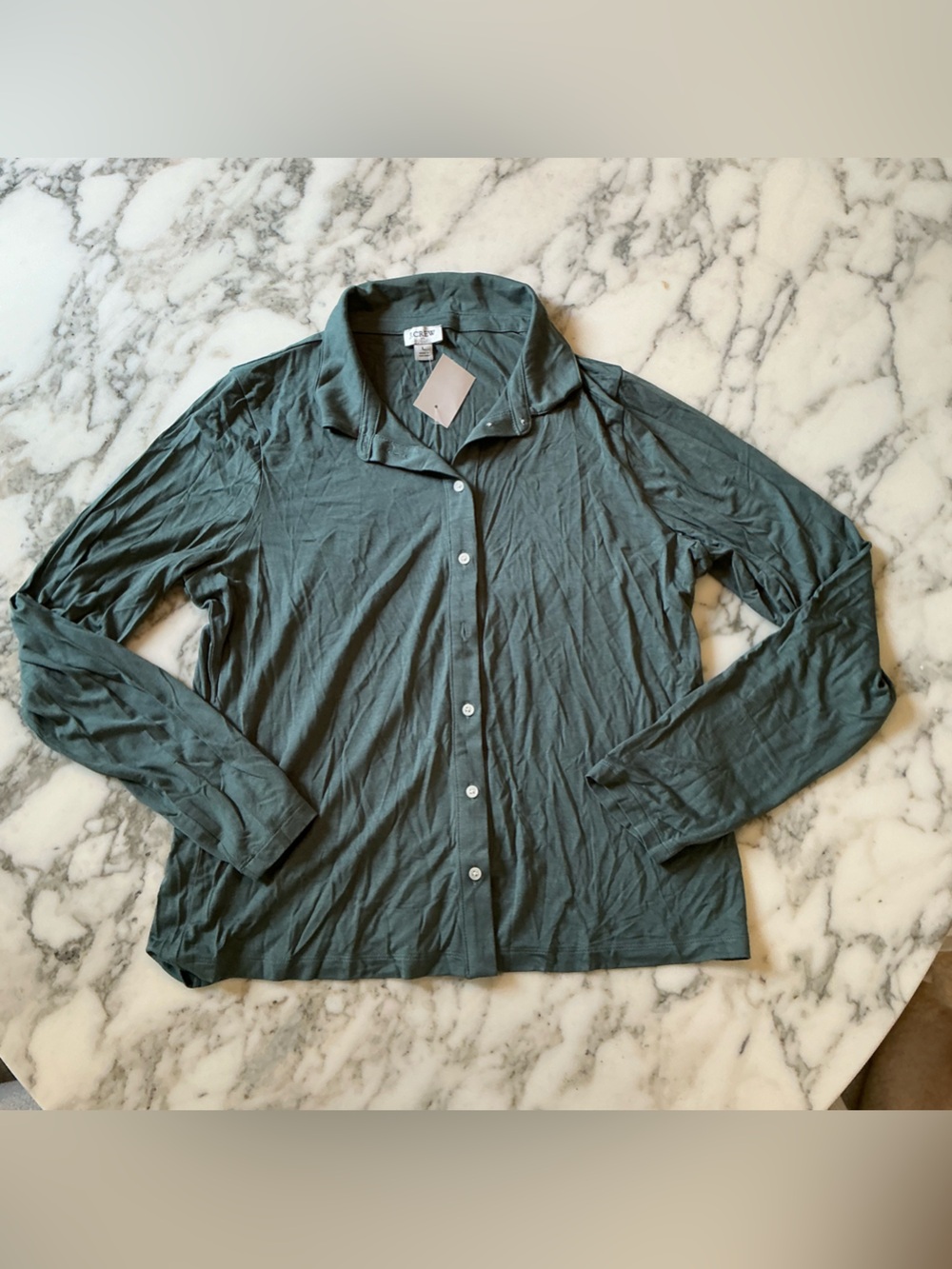 NWT JCrew Green Knit long-sleeve button-up top Sz L Sold Out MISSING BUTTON